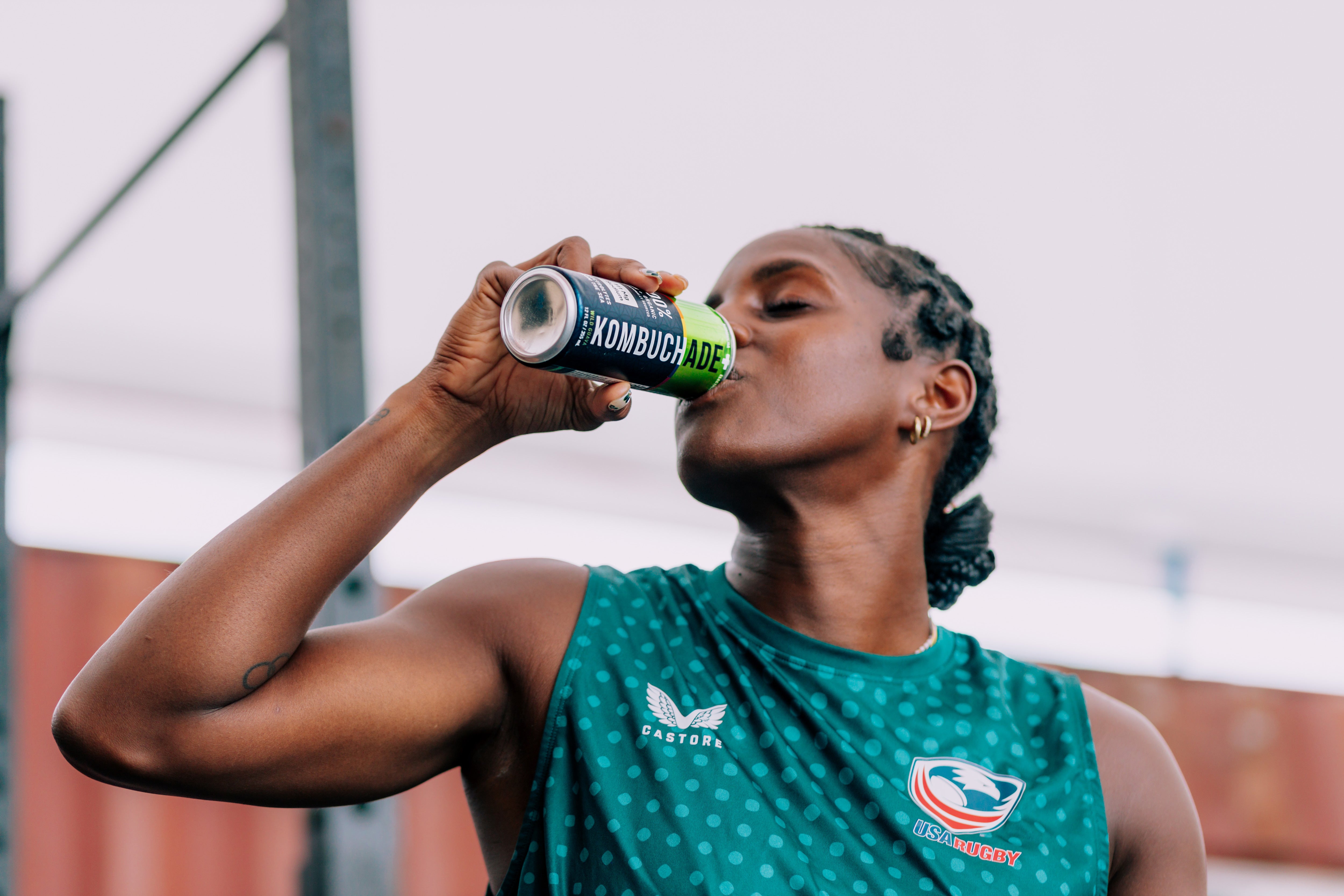 Naya Tapper USA rugby team athlete drinking wild guava Kombuchade