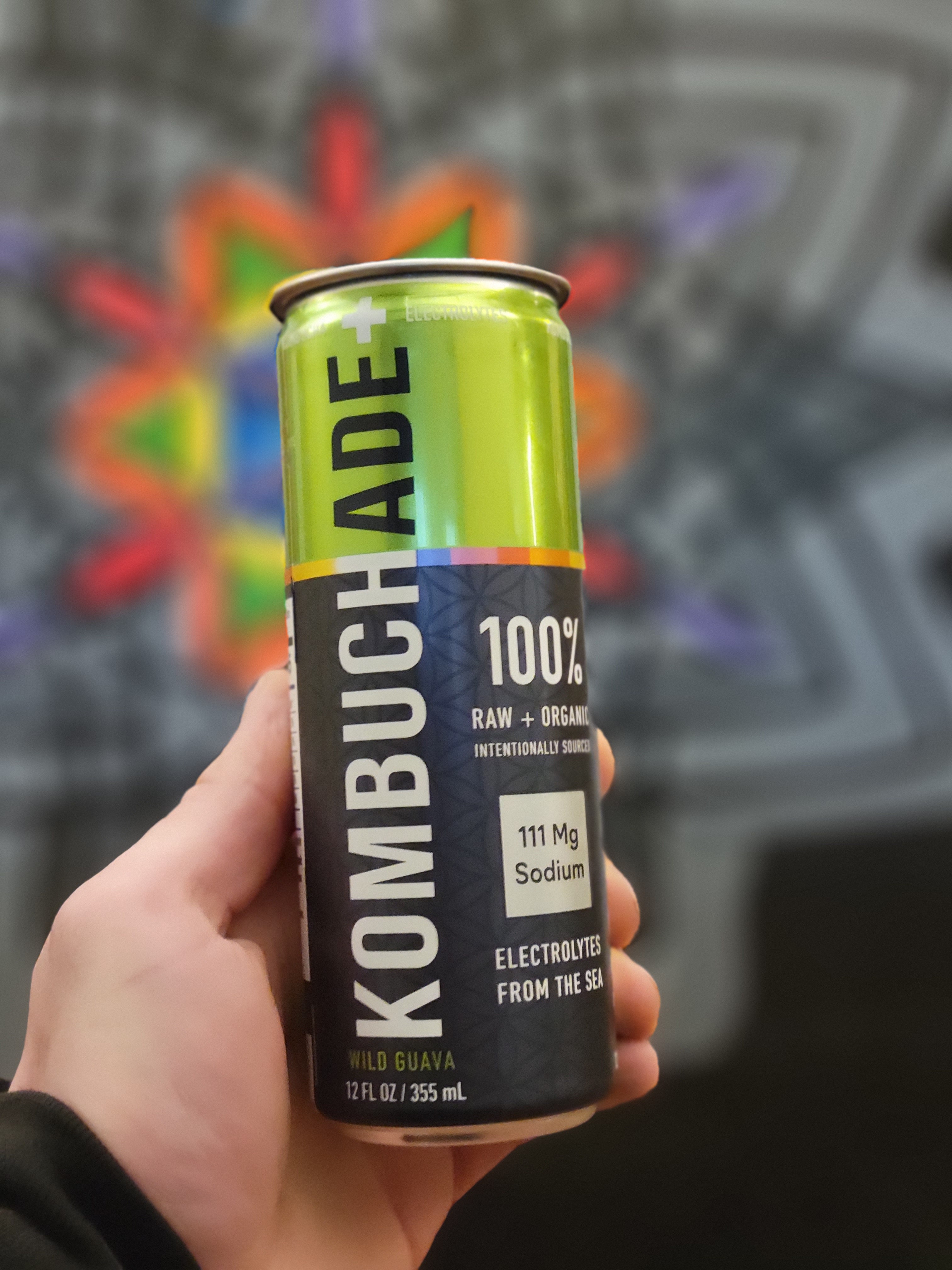 A hand holding out a can of wild guava Kombuchade