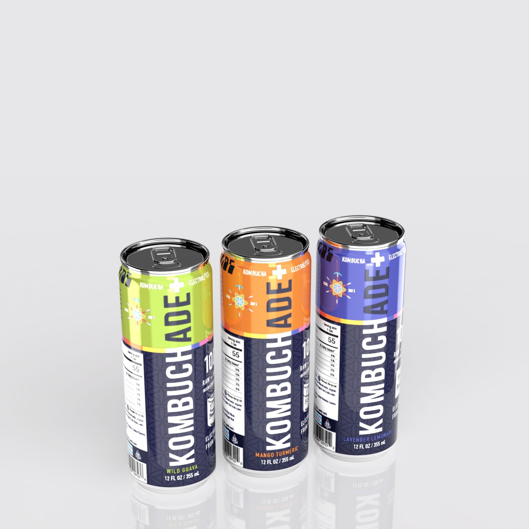 Three cans of the three flavors of Kombuchade kombucha and electrolytes sport drinks