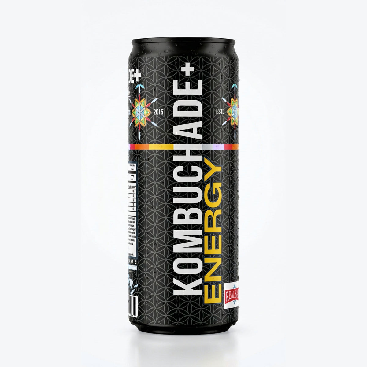 A single can of Kombuchade Energy drink on a clean white background. The can is black with a geometric pattern, featuring the brand name 'Kombuchade+' in large white letters and 'ENERGY' in yellow.