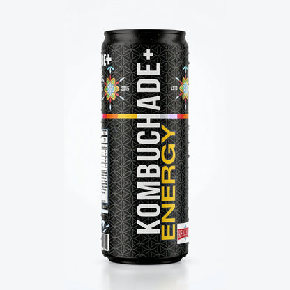 A single can of Kombuchade Energy drink on a clean white background. The can is black with a geometric pattern, featuring the brand name 'Kombuchade+' in large white letters and 'ENERGY' in yellow.